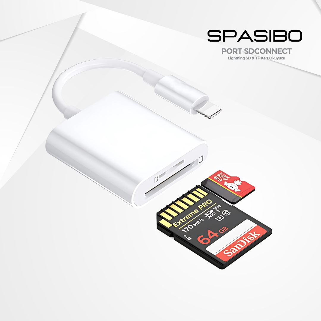 Spasibo Port Sdconnect | Lightning - Sd Kart ve Micro Sd Kart Okuyucu ile iPhone & Ipad’e Hızlı Fotoğraf ve Video Aktarımı