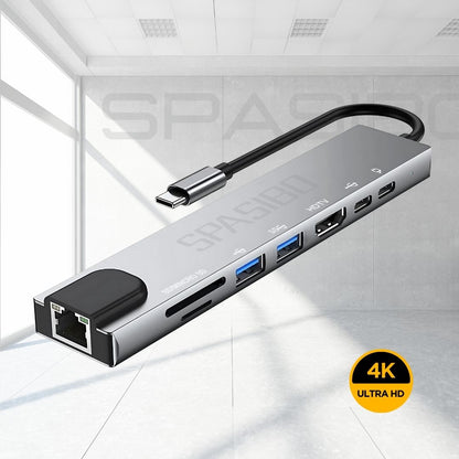 Spasibo Port Pro Usb-C Hub 8 In 1 Adaptör | 4K UHD Hdmı, Hızlı Veri Transferi ve Çoklu Bağlantı Deneyimi!