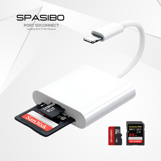 Spasibo Port Sdconnect | Lightning - Sd Kart ve Micro Sd Kart Okuyucu ile iPhone & Ipad’e Hızlı Fotoğraf ve Video Aktarımı